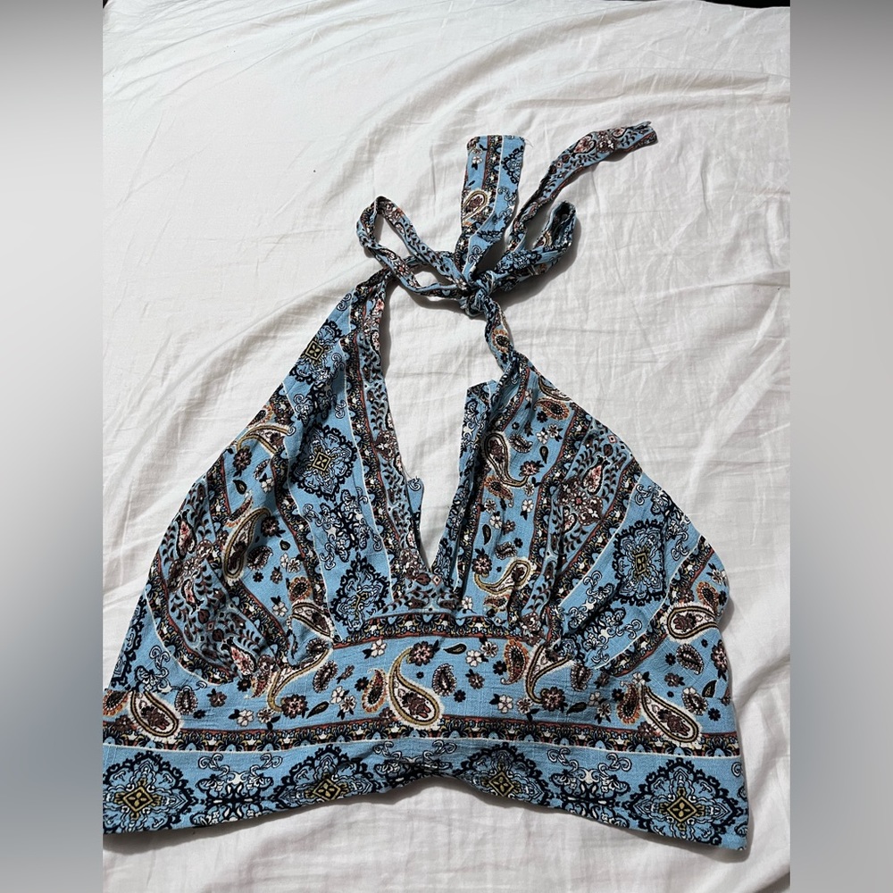 Blue open back tie up halter top